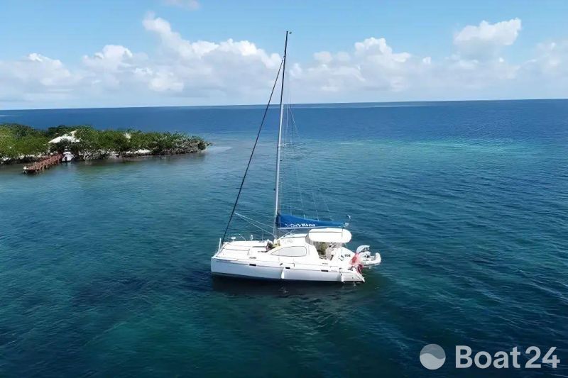 Sailing catamaran Leopard 38, 2008 model, anchored near tropical island in clear blue waters.