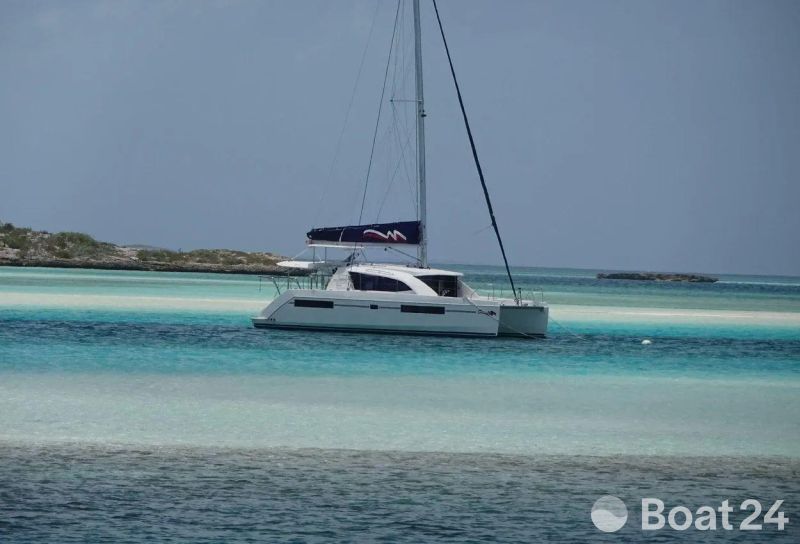 2020 Leopard 40 catamaran sailing in turquoise waters.