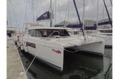 2020 Leopard 45 catamaran docked at marina, featuring sleek design and modern amenities.