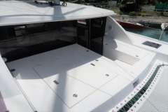 2019 Leopard 40 catamaran deck with seating and storage compartments.