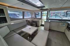 Interior of Leopard 45 yacht, modern design, harbor view.