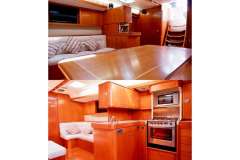 Luxurious interior of 2005 Baltic 60 yacht featuring wood finishes and modern kitchen amenities.
