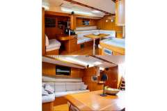 Luxurious interior of a 2005 Baltic 60 yacht with elegant wood finishes and cozy seating.