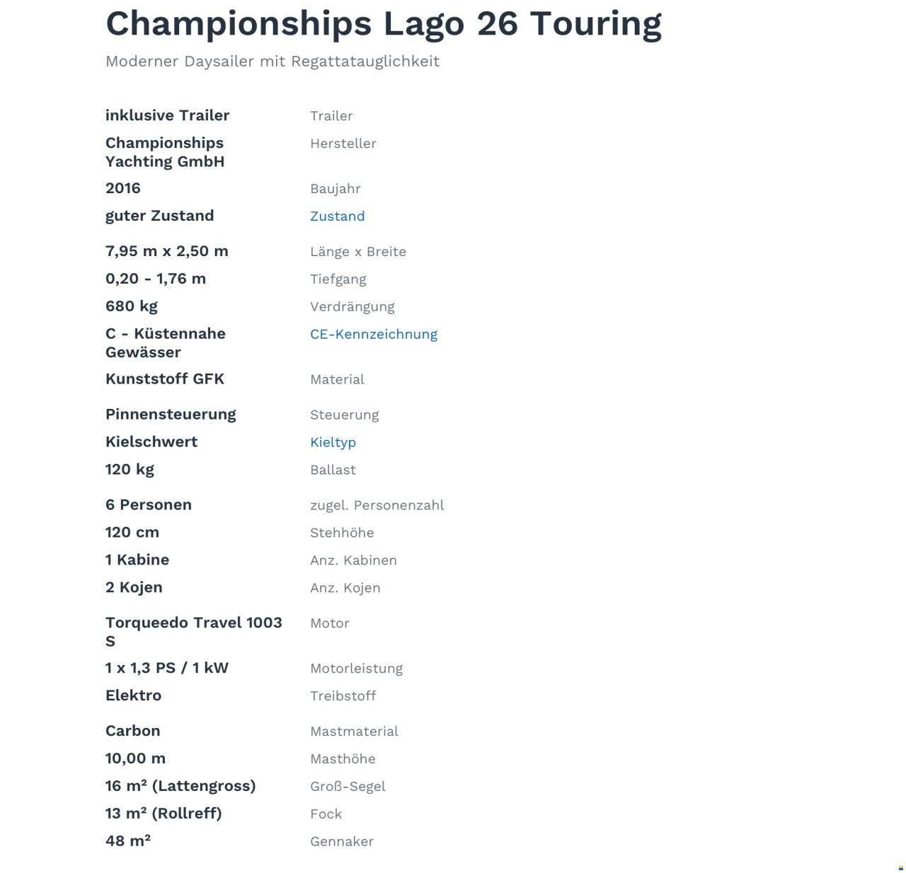 Championships Lago 26 Kielschwert