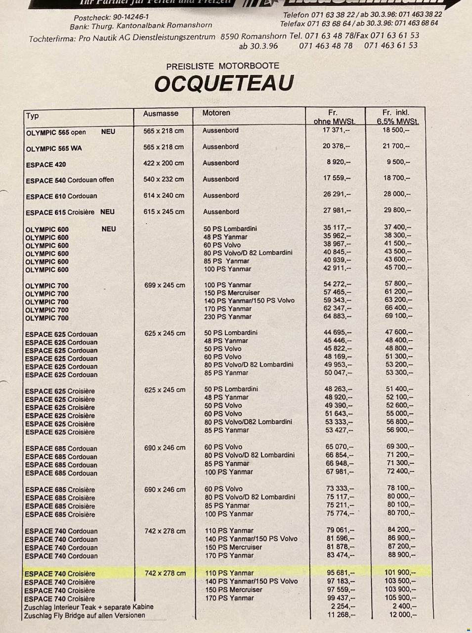 Ocqueteau ESPACE 740, Version Croisière